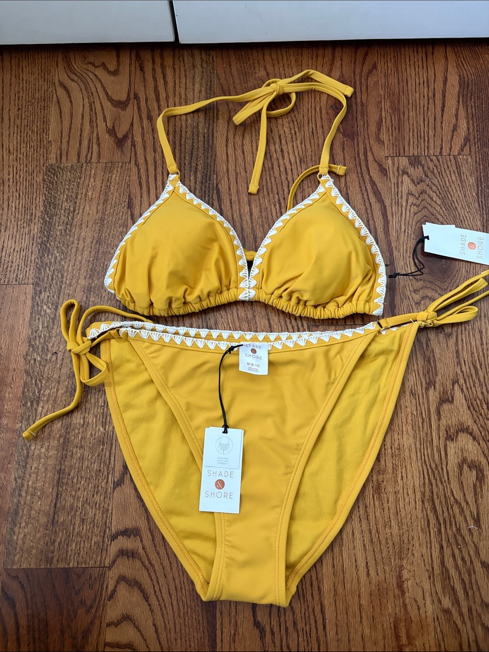 Shade & Shore Yellow Triangle Tie Bikini with White Trim Size Medium New